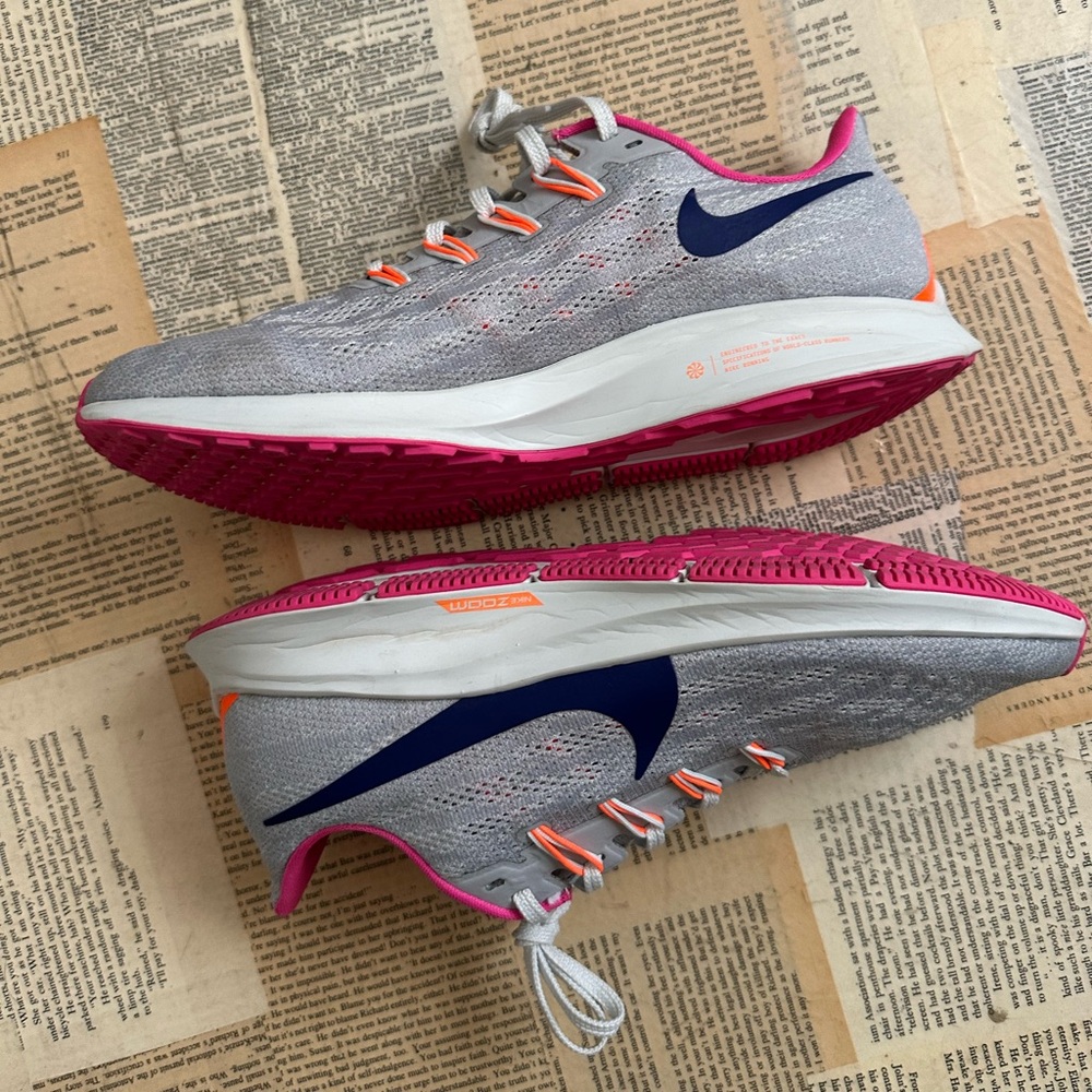 Nike Zoom Pegasus 36 Gray and Pink Sneakers with Blue Swoosh - Picture 2 of 8